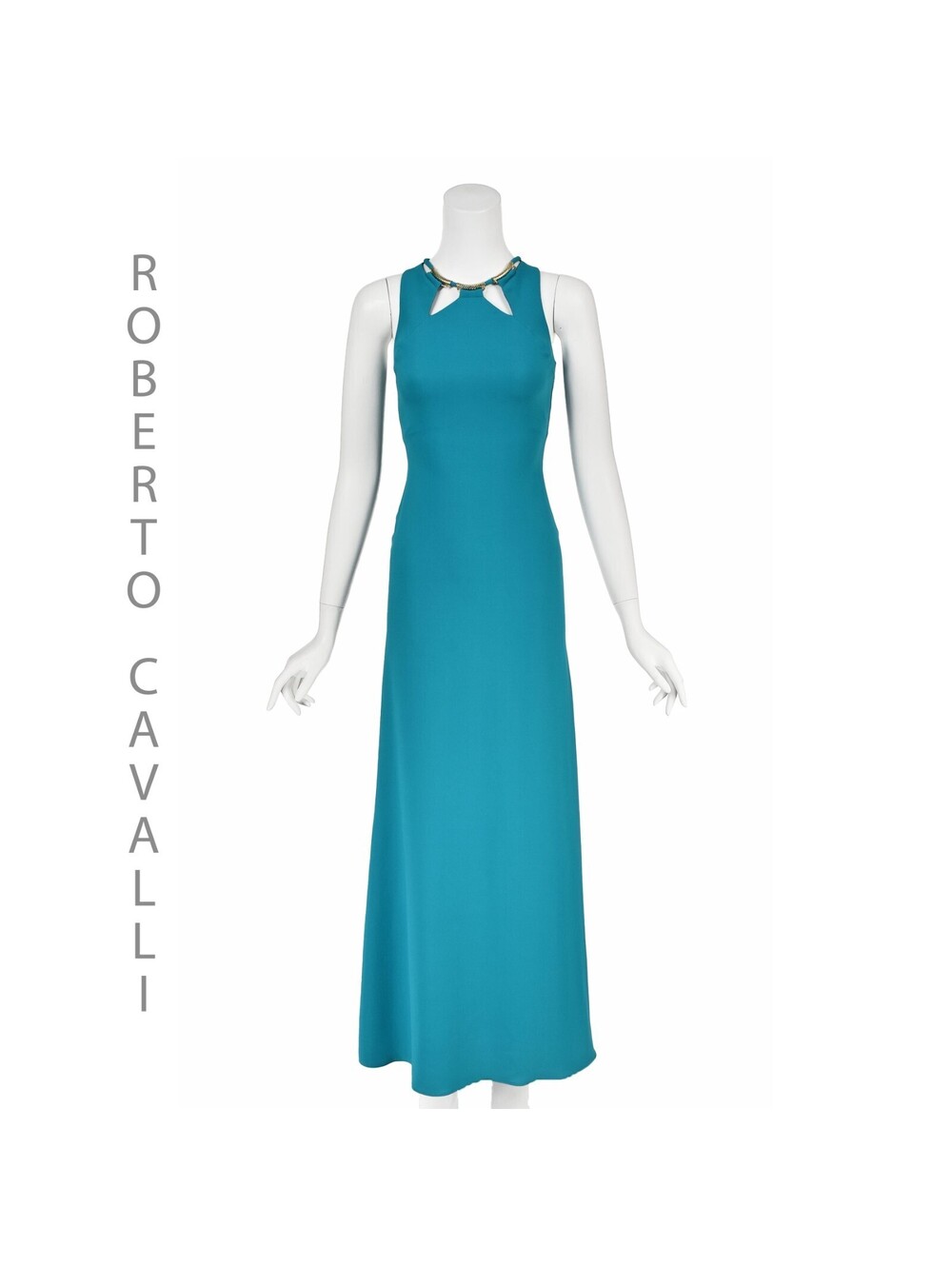 ROBERTO CAVALLI Early 2000s Turquoise Maxi Gown with Cut Outs and Gold Hardware